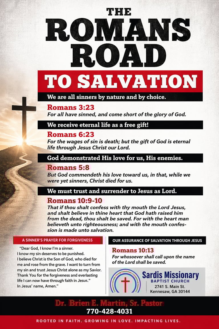 Religious poster titled The Romans Road to Salvation featuring Bible verses, a cross, and contact information for Sardis Missionary Baptist Church